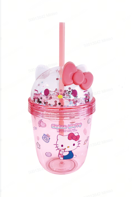 Hello Kitty Sweet Factory Double Wall Plastic Bottle with Heart Straw 440mL